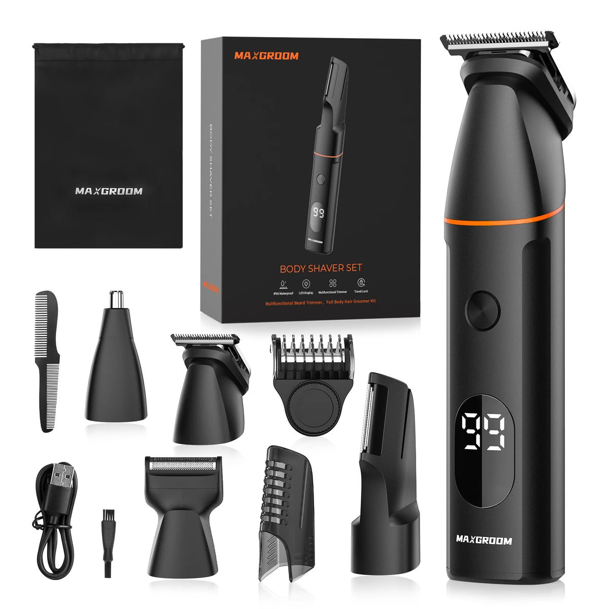Tondeuse Corporelle 4-en-1 MAXGROOM – Étanche IPX6, Rasage Intime Homme
